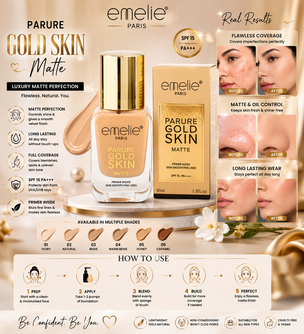 Emelie Paris Parure Gold Skin Matte Foundation - Primer Inside - 40ml - oraglowpk