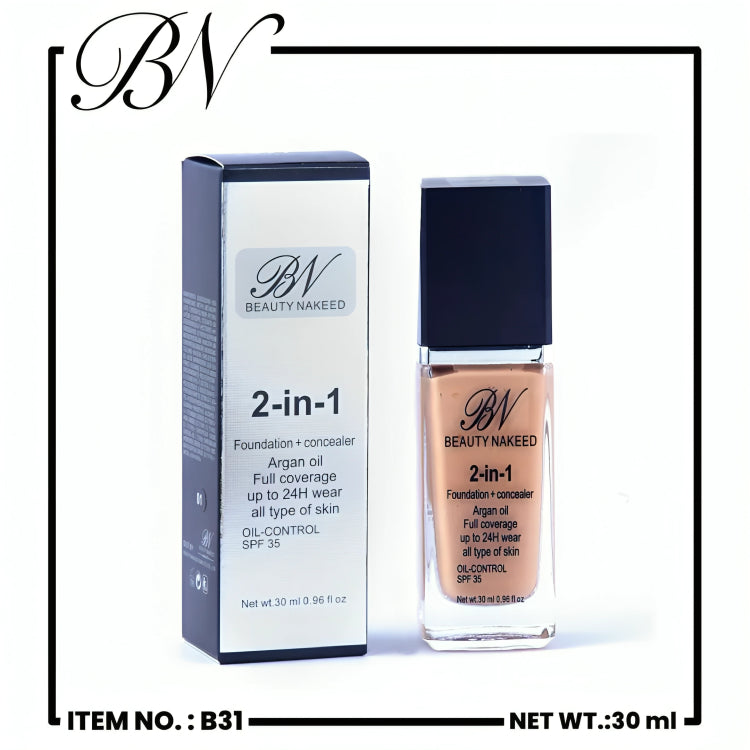 Beauty Nakeed Full Coverage 2 in 1 Foundation+Concealer 30ml - oraglowpk