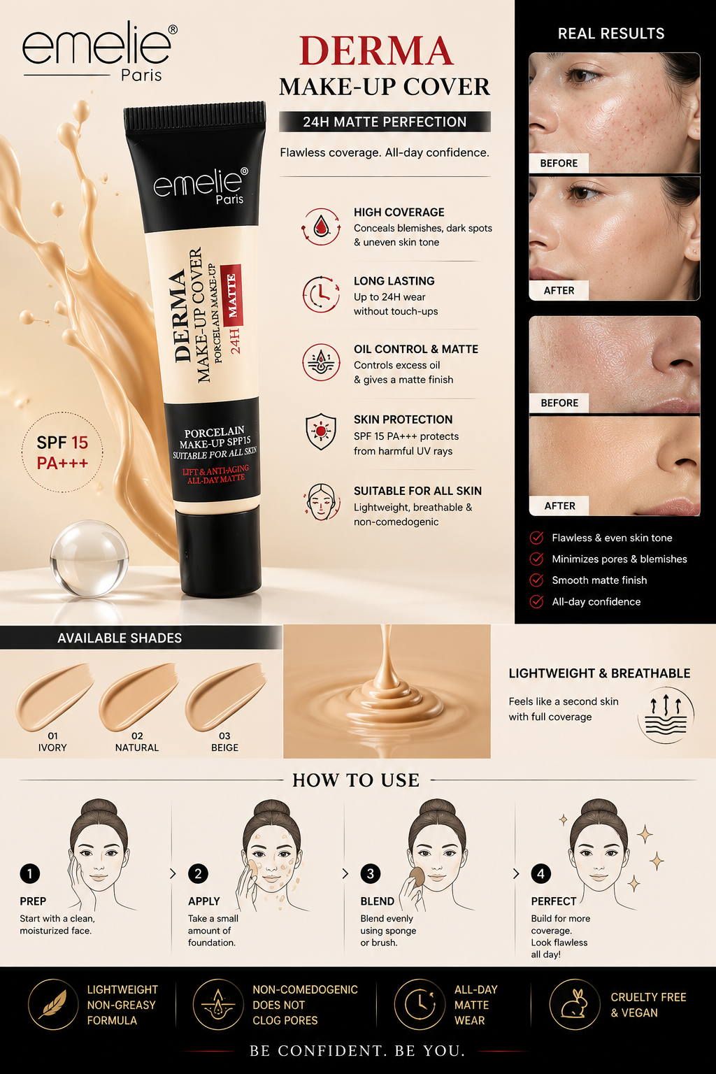Emelie Derma Makeup Cover Porcelain Makeup 24H Matte Foundation - oraglowpk