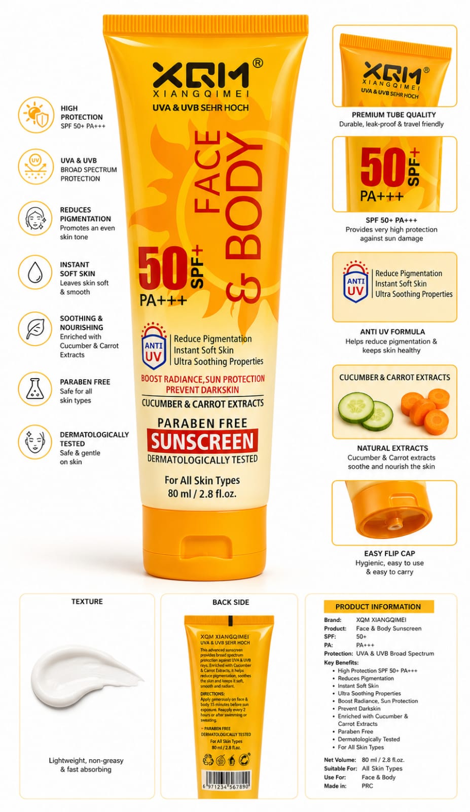 XQM Xiangqimei Paraben Free Sunscreen (Face & Body) - oraglowpk