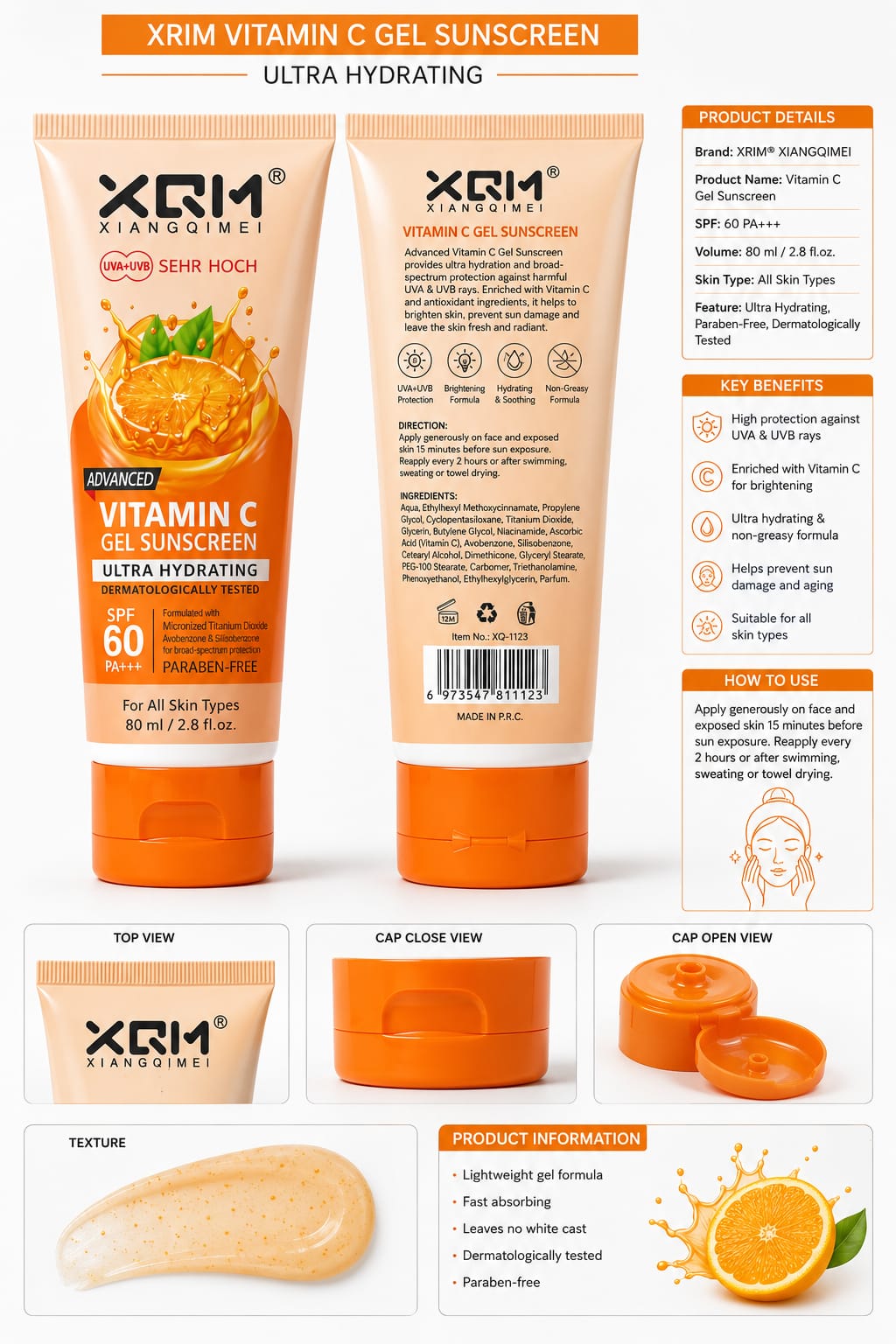 XQM Xiangqimei Vitamin C Orange Gel Sunscreen - oraglowpk
